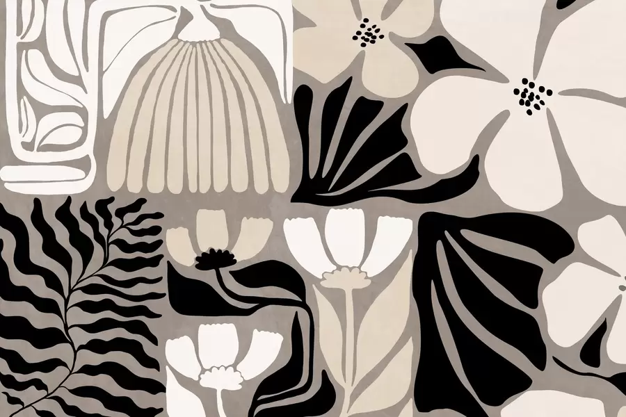 Valokuvatapetti Modernit minimalistiset tyylitellyt kukat ja lehdet beigeä, mustaa ja valkoista, teksturoitu harmaalla taustalla w09547