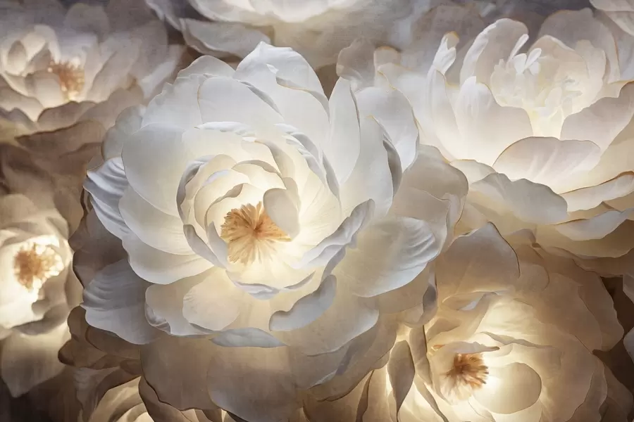 Valokuvatapetti Suuret, valkoiset fantasia-pionikukat, joissa on keltainen keskusta, pehmeä valaistus ja herkät, teksturoidut kerrokselliset terälehdet w09550