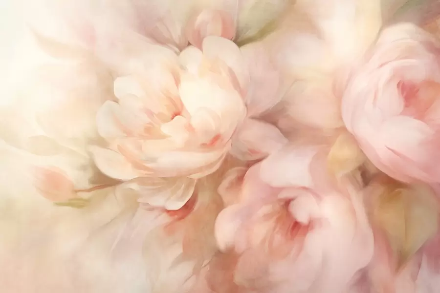 Valokuvatapetti Hämärtyneet vaaleanpunaiset ja kermanväriset pionit, jotka on jäljitelty pehmeillä, maalauksellisilla siveltimenvedoilla, luovat tekstuurisen kukka-asetelman w09556