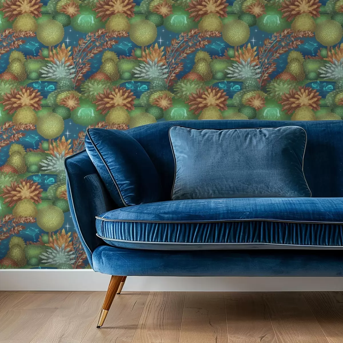 Taustakuva Satuinen yöpuutarha järvellä ja hohtavilla eläimillä a00851