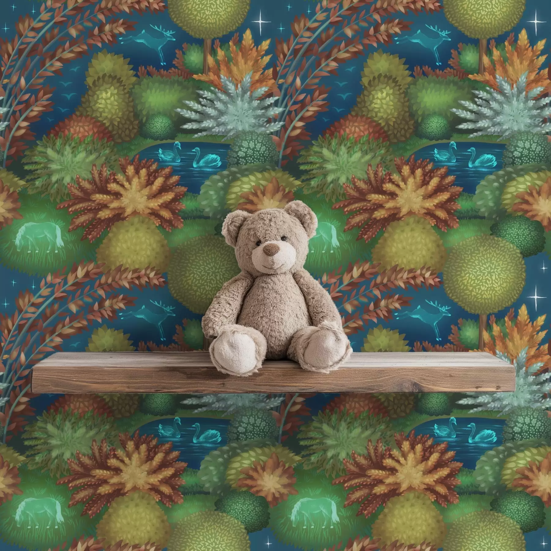 Valokuvatapetti Satuinen yöpuutarha järvellä ja hohtavilla eläimillä a00851