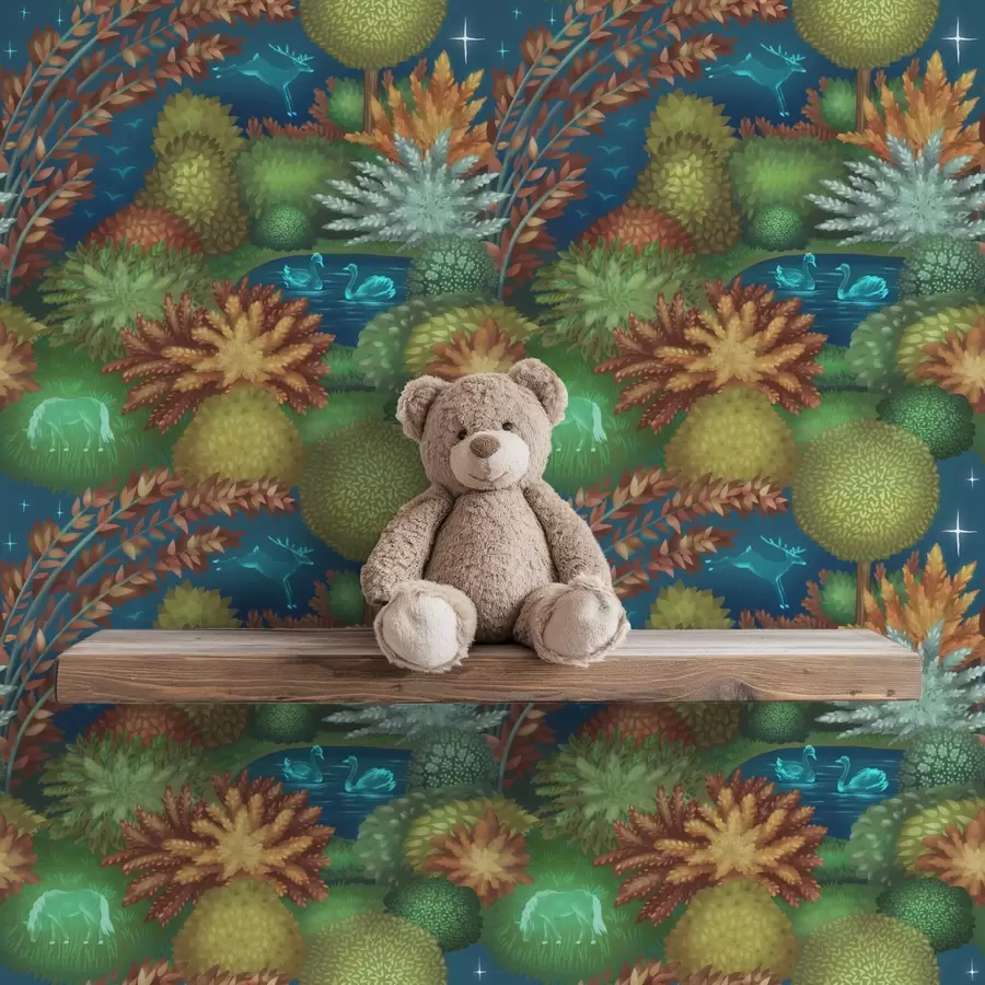 Valokuvatapetti Satuinen yöpuutarha järvellä ja hohtavilla eläimillä a00851