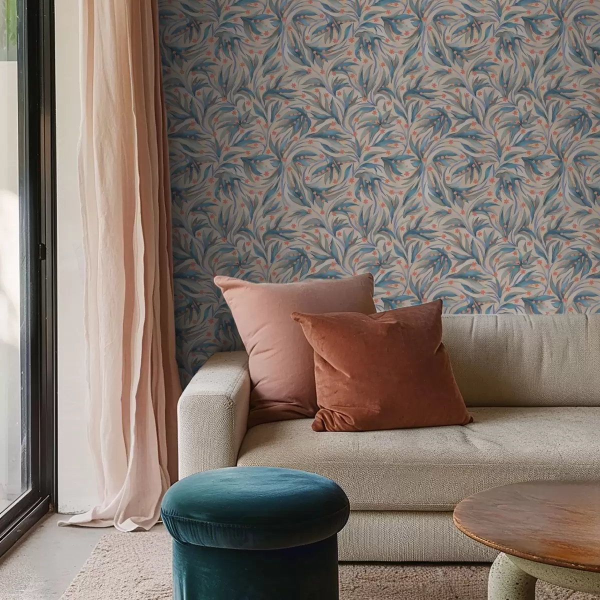 Taustakuva Abstrakti sininen lehtien ja korallikukkien kuvio a00852