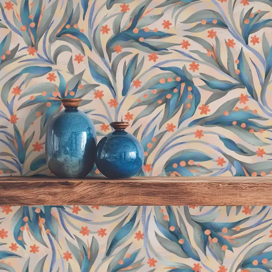 Valokuvatapetti Abstrakti sininen lehtien ja korallikukkien kuvio a00852