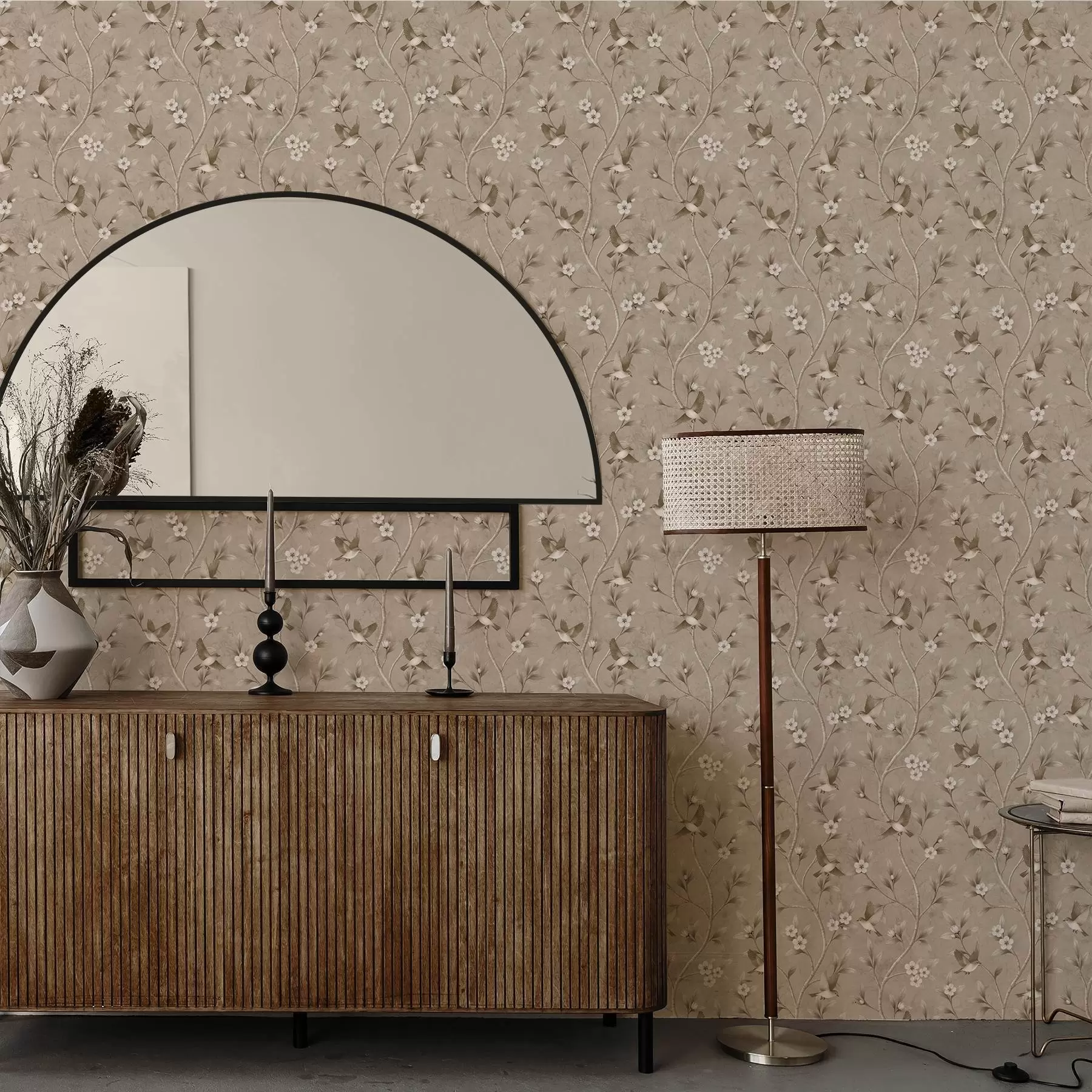 Valokuvatapetti Linnut ja kukkivat oksat lämpimissä seepian sävyissä a00882