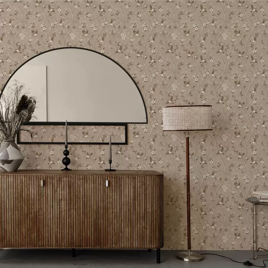 Valokuvatapetti Linnut ja kukkivat oksat lämpimissä seepian sävyissä a00882