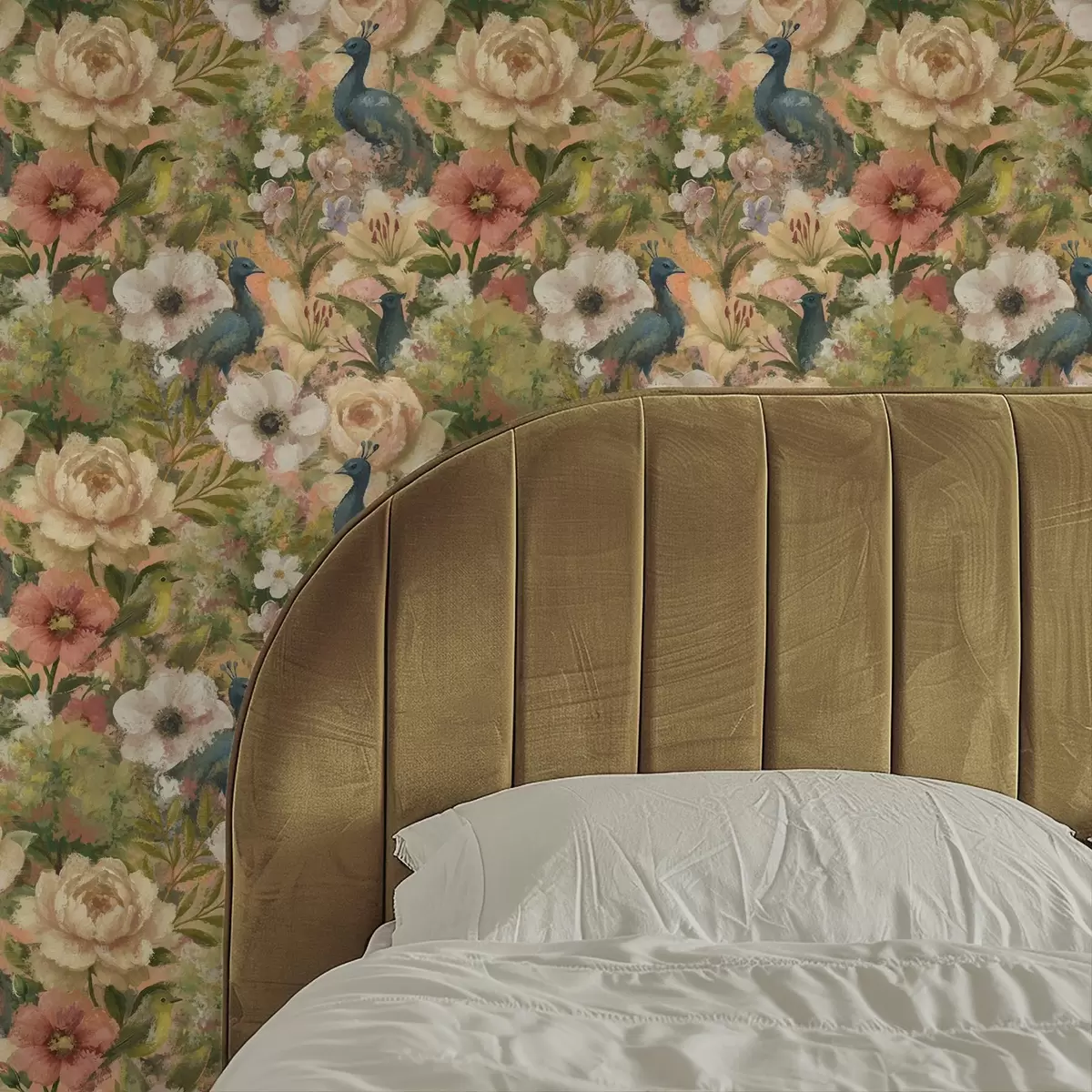 Taustakuva Maalauksellinen puutarha, jossa on riikinkukkoja ja suuria kukkia a00885