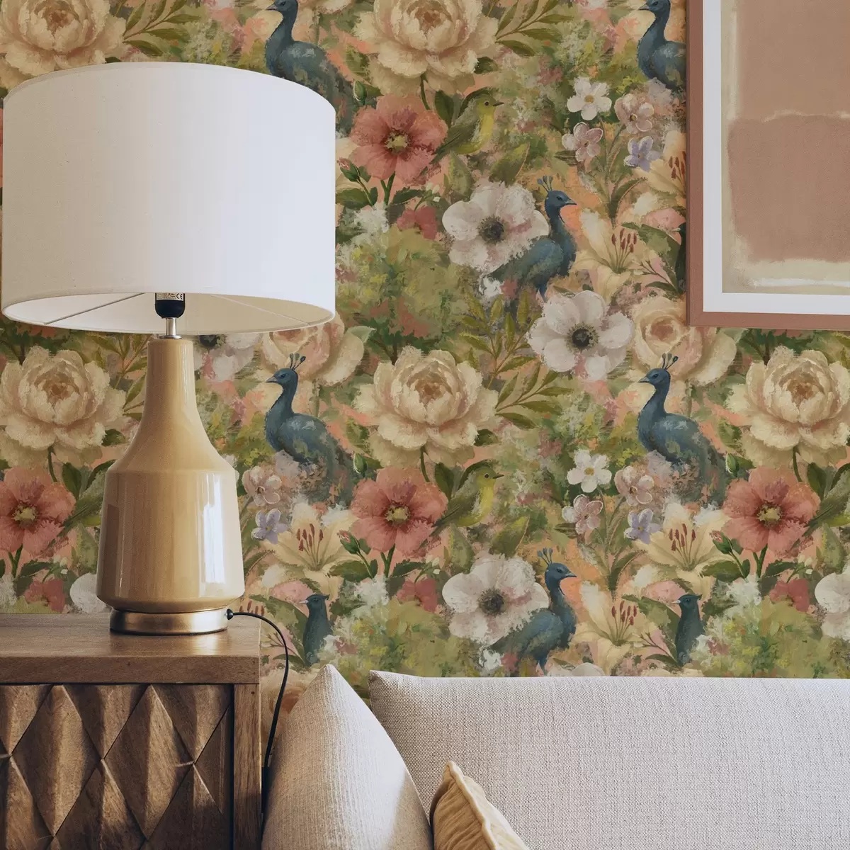 Taustakuva Maalauksellinen puutarha, jossa on riikinkukkoja ja suuria kukkia a00885