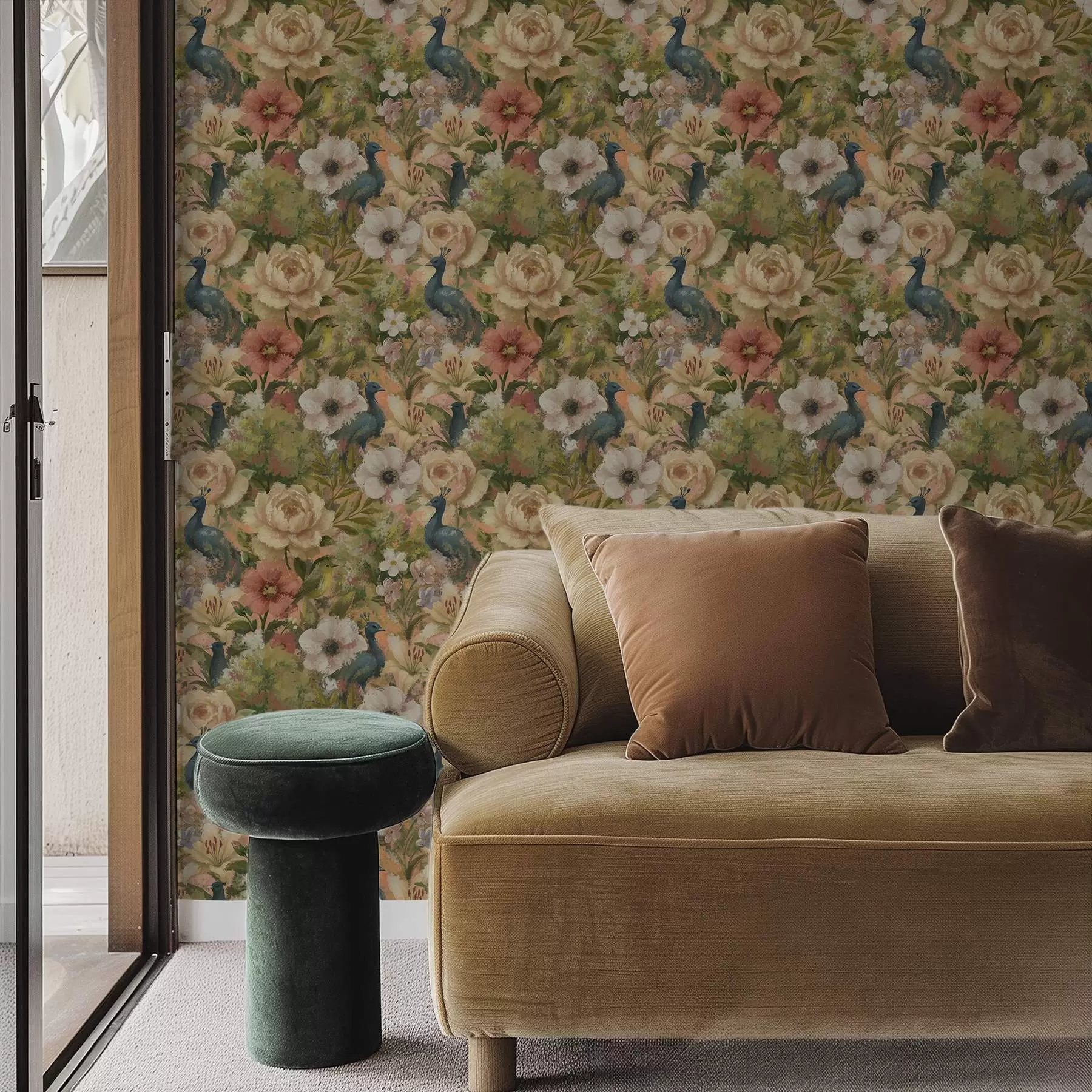 Valokuvatapetti Maalauksellinen puutarha, jossa on riikinkukkoja ja suuria kukkia a00885