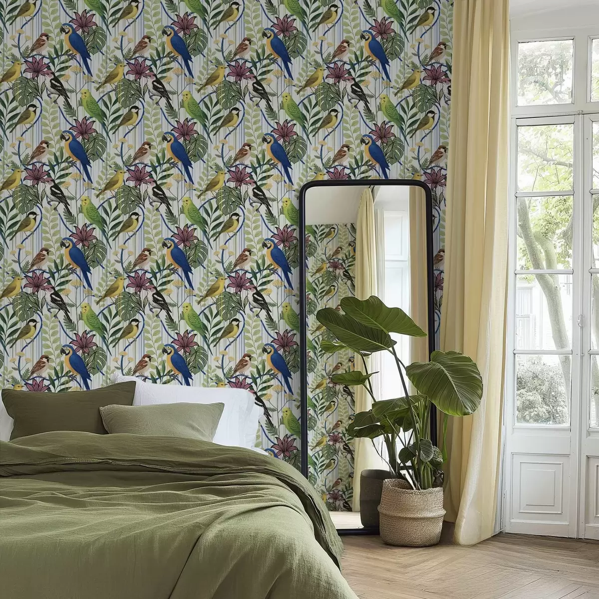 Taustakuva Kirkkaat eksoottiset linnut trooppisen vehreyden keskellä a00887