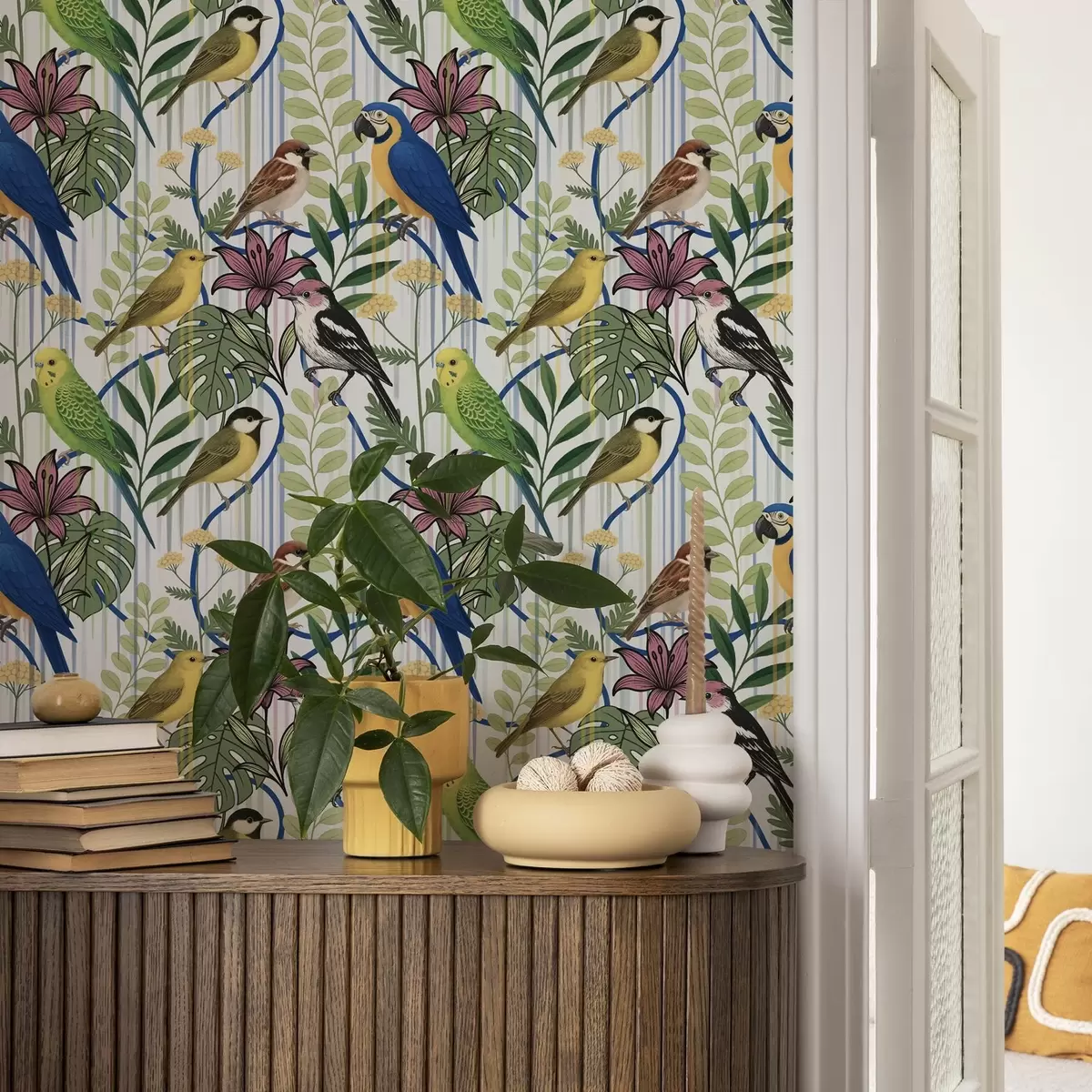 Taustakuva Kirkkaat eksoottiset linnut trooppisen vehreyden keskellä a00887