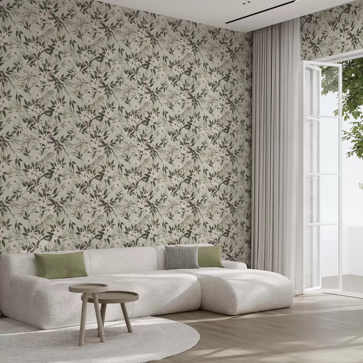 Taustakuva Valkorintaiset punatulkut oksilla, joilla on kermanvärisiä kukkia a00889