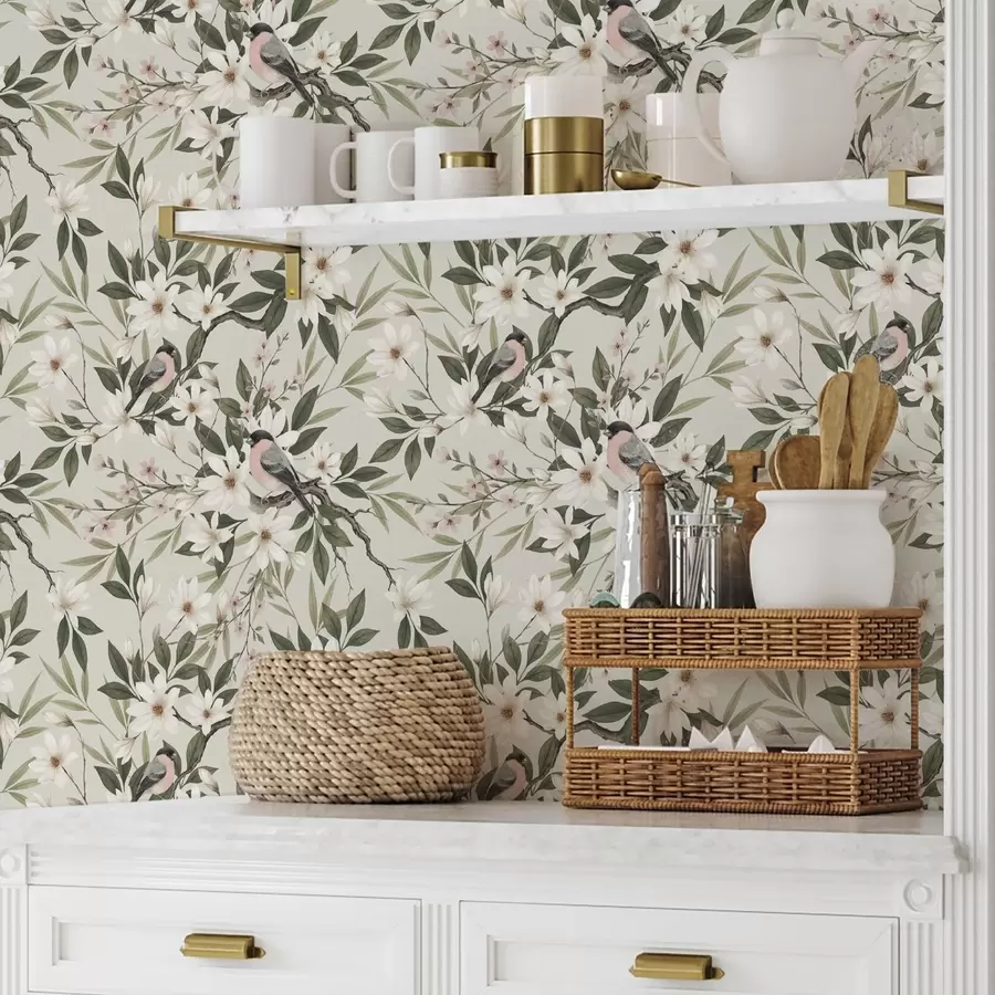 Valokuvatapetti Valkorintaiset punatulkut oksilla, joilla on kermanvärisiä kukkia a00889