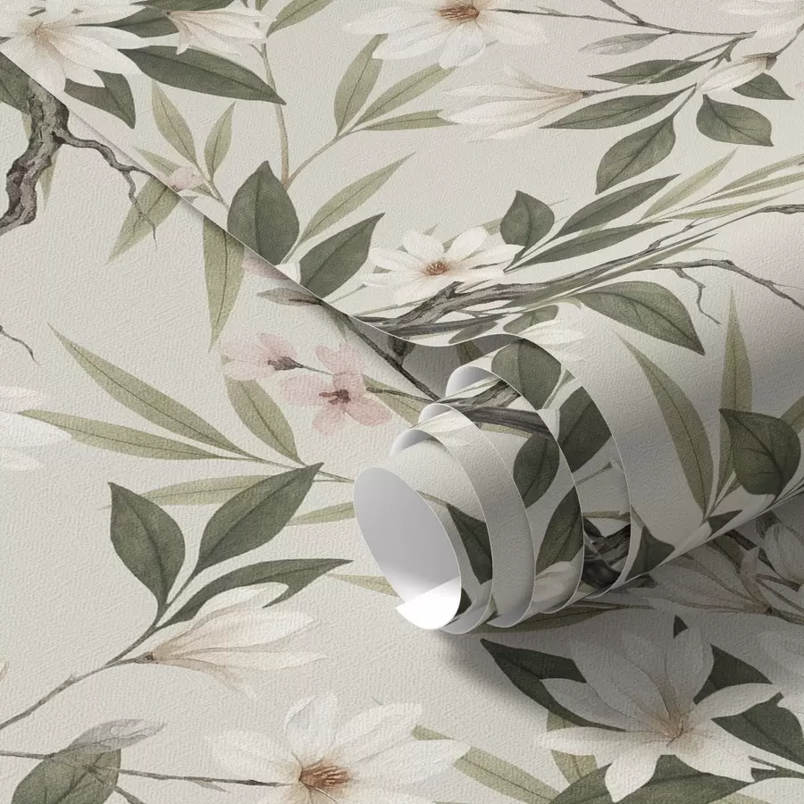 Valokuvatapetti Valkorintaiset punatulkut oksilla, joilla on kermanvärisiä kukkia a00889