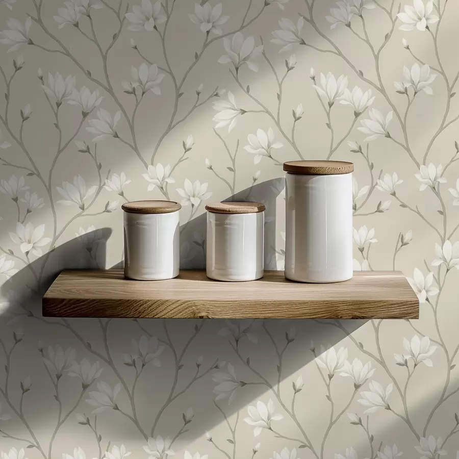 Valokuvatapetti Kevyet magnoliat hoikkien beigejen oksien varassa a00890