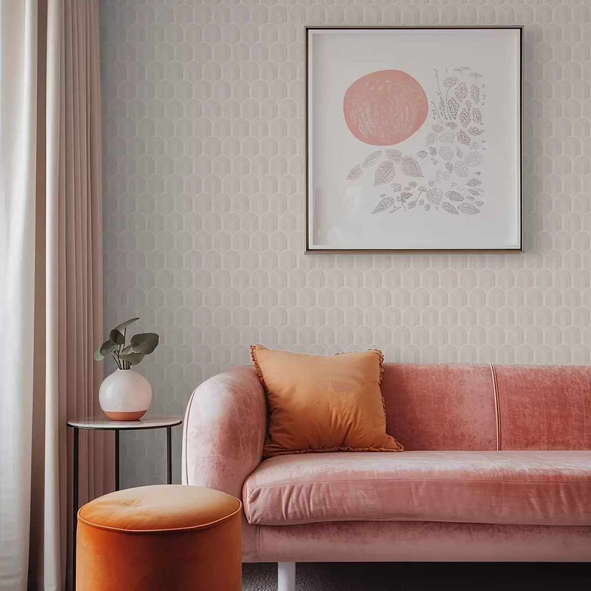 Taustakuva Pehmeän beigeä raitoja sisältävä kaarevien muotojen rivi, retrohenkinen tunnelma a00923