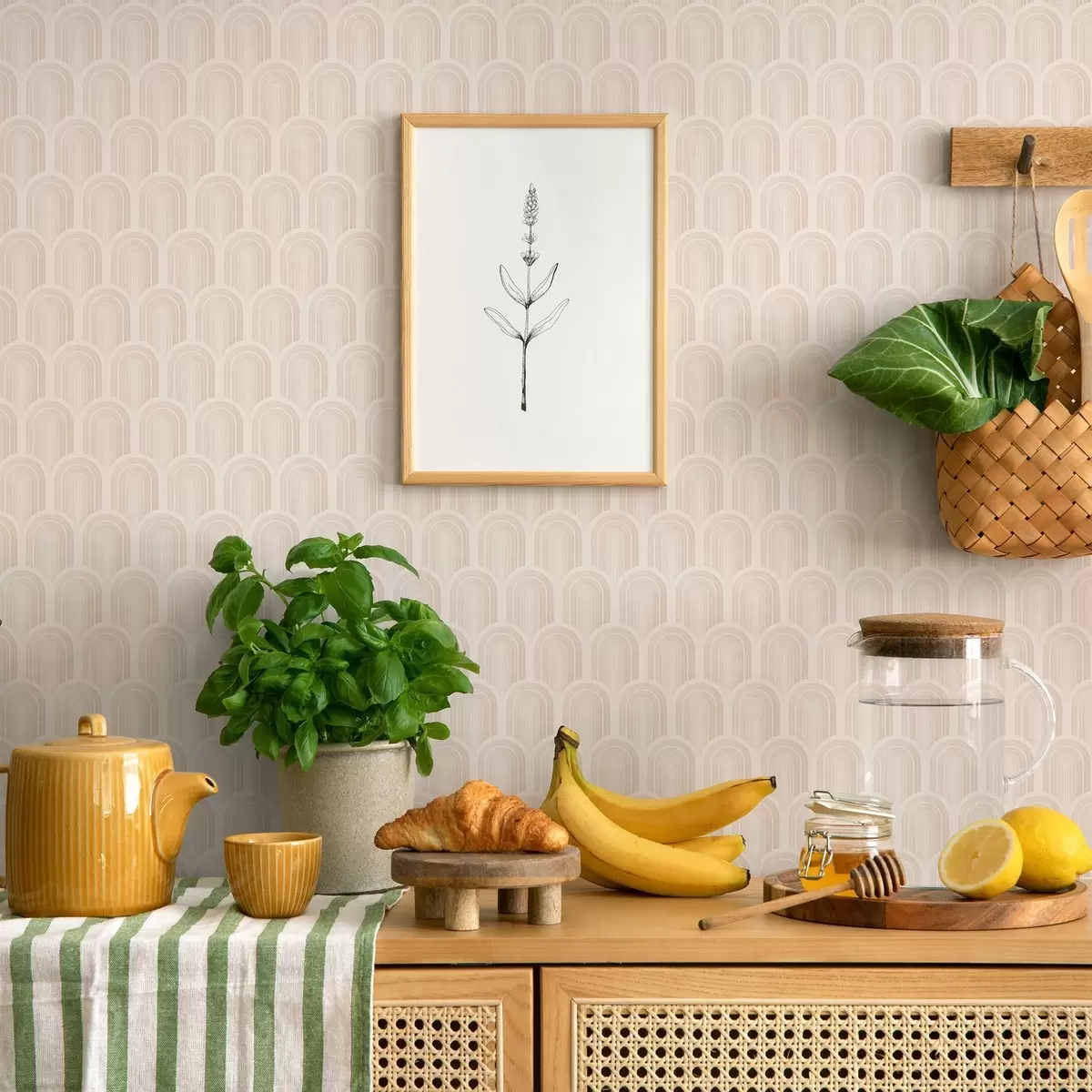 Taustakuva Pehmeän beigeä raitoja sisältävä kaarevien muotojen rivi, retrohenkinen tunnelma a00923