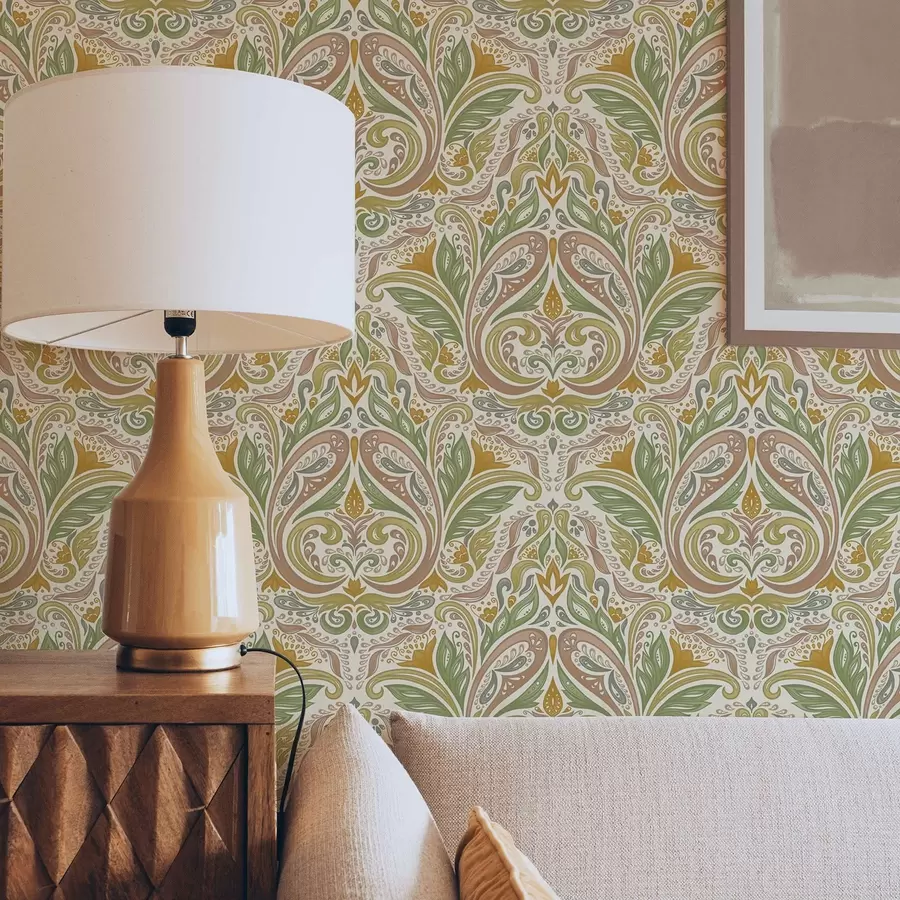 Valokuvatapetti Koristeelliset lehtikuvioiset pyörteet vihreän ja terrakottan sävyissä a00927v1