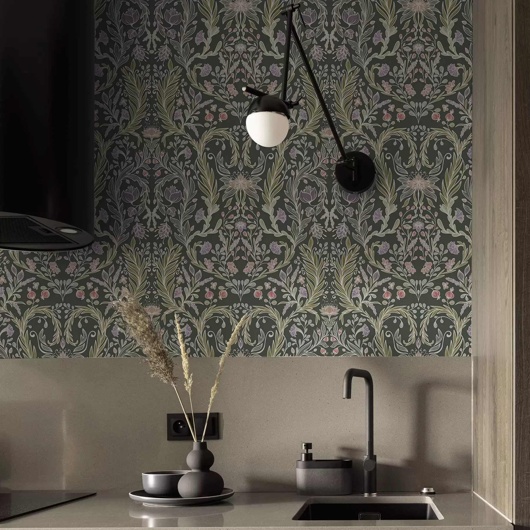 Valokuvatapetti Symmetrinen kukka-koriste tummanvihreällä taustalla a00928