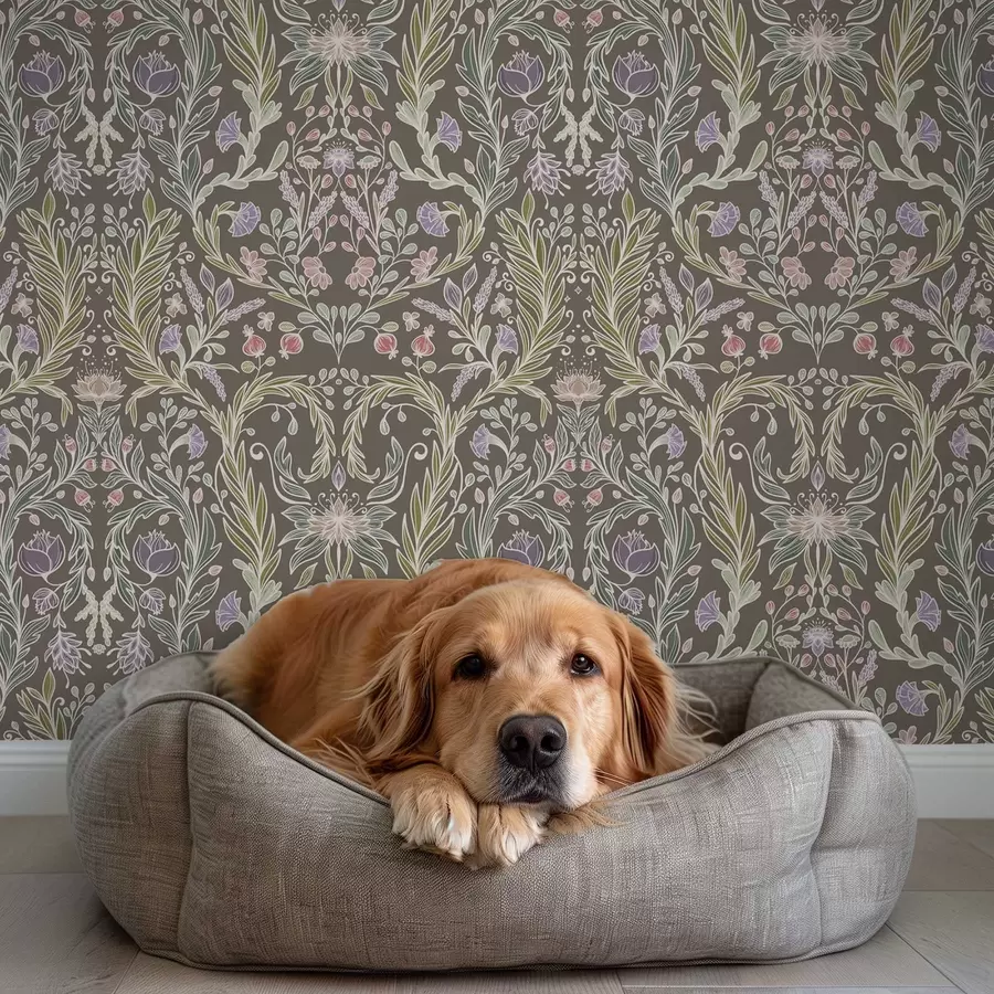 Valokuvatapetti Symmetriset kukat ja lehdet ruskeanharmaalla taustalla a00928v2