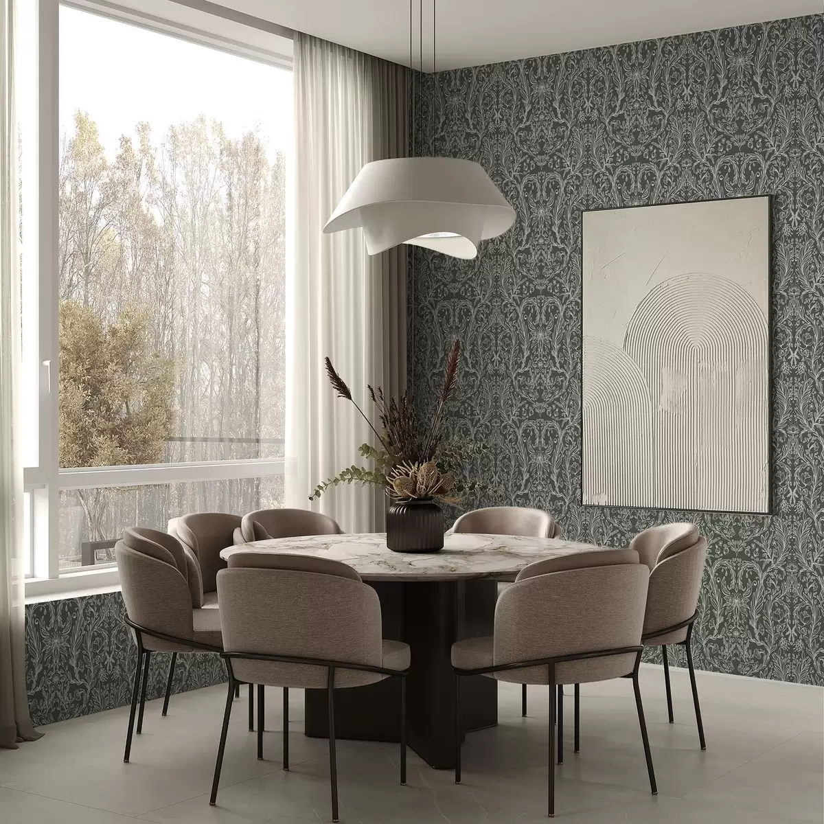 Taustakuva Lineaarinen kukkakuvio tummanvihreällä taustalla a00929