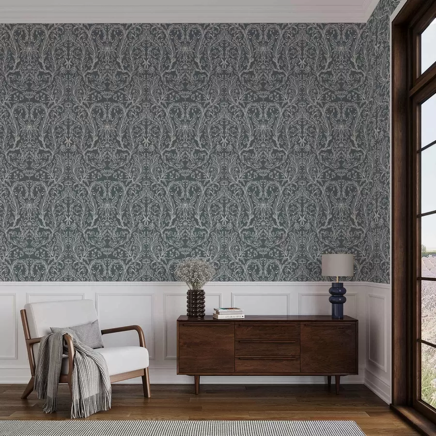 Valokuvatapetti Lineaarinen kukka-koriste sinertävän harmaalla taustalla a00929v1