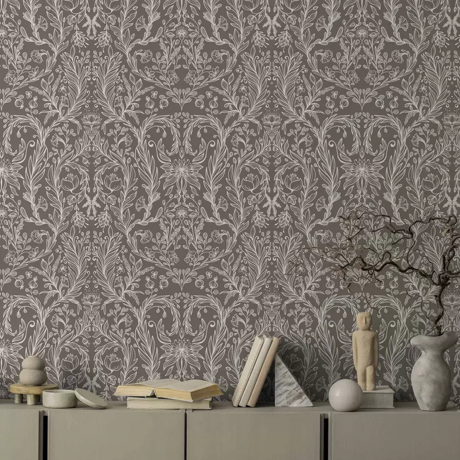 Valokuvatapetti Yksivärinen kasvitaiheinen kuvio lämpimällä ruskealla pohjalla a00929v2