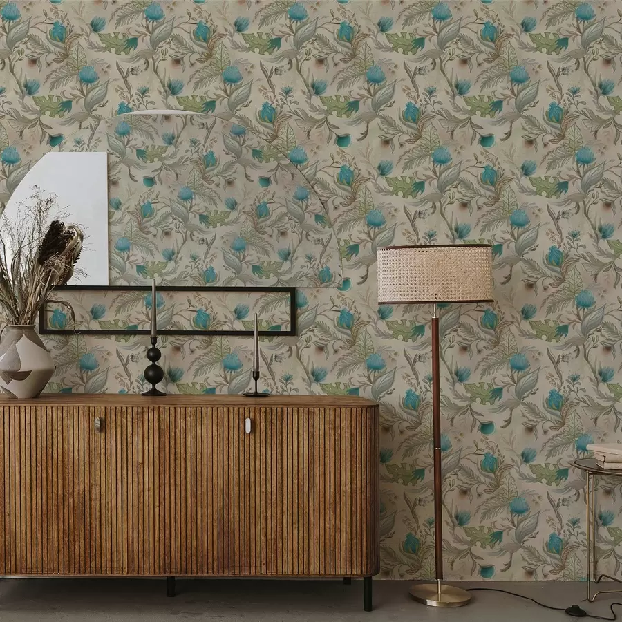 Valokuvatapetti Siniset silmut ja lehdet vaaleanbeigen taustalla a00930