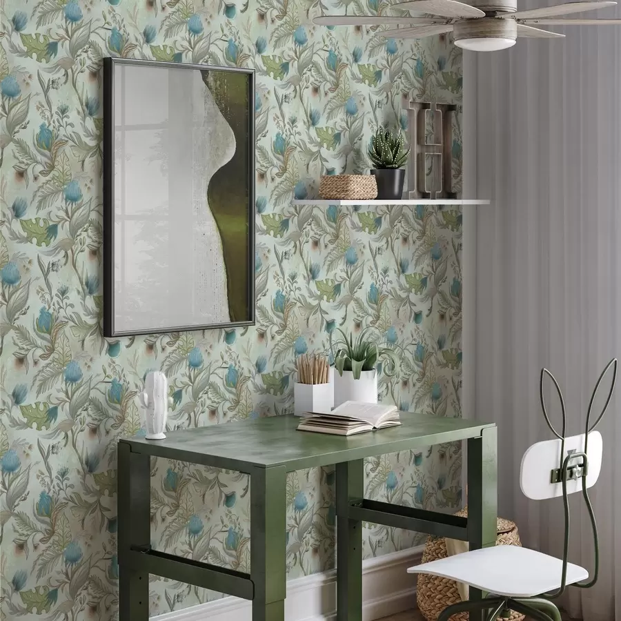 Valokuvatapetti Siniset kukat ja vihreys pehmeällä mintunvärisellä taustalla a00930v1