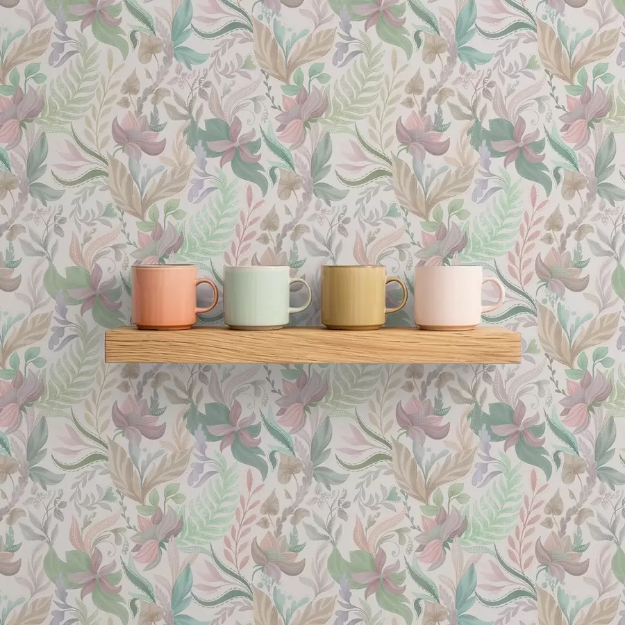 Valokuvatapetti Hienostuneet pastellivärit kukat ja lehdet vaalealla taustalla a00931