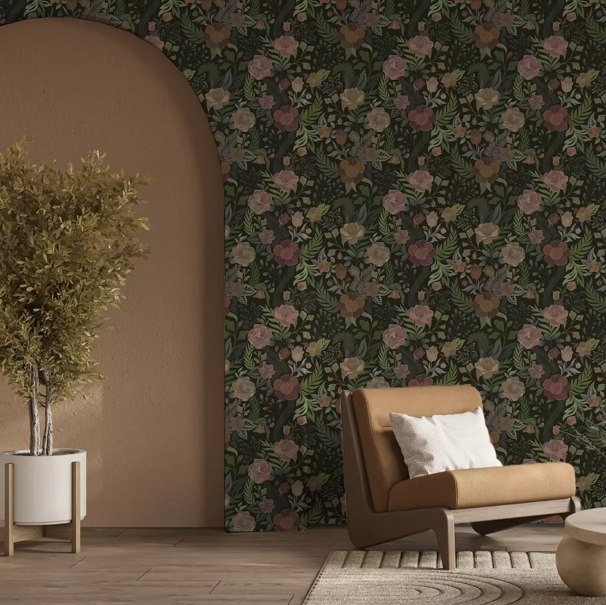 Taustakuva Rikkaat kukat ja vehreys syvällä tummalla taustalla a00932