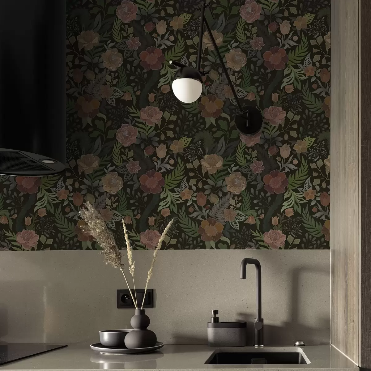 Taustakuva Rikkaat kukat ja vehreys syvällä tummalla taustalla a00932