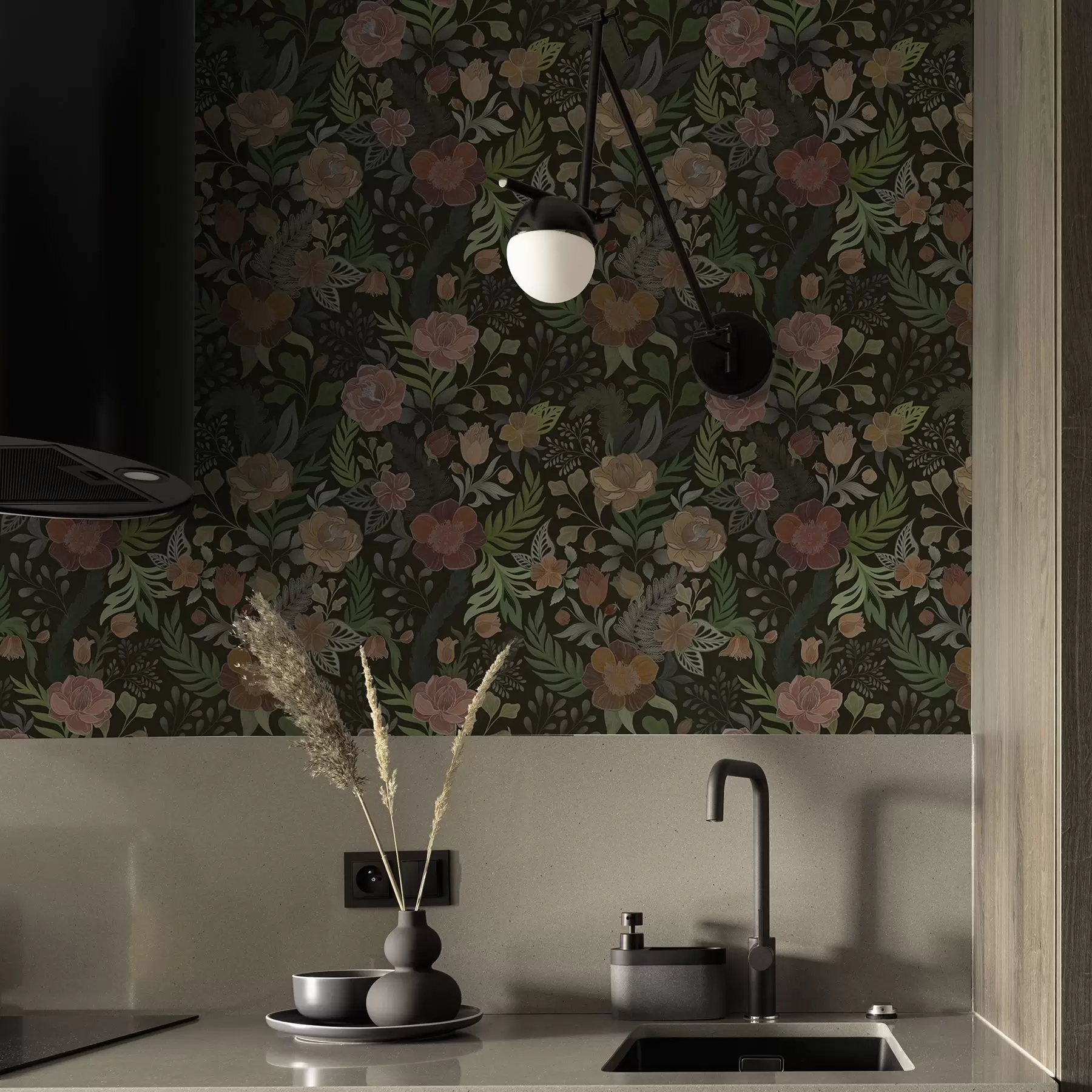 Valokuvatapetti Rikkaat kukat ja vehreys syvällä tummalla taustalla a00932