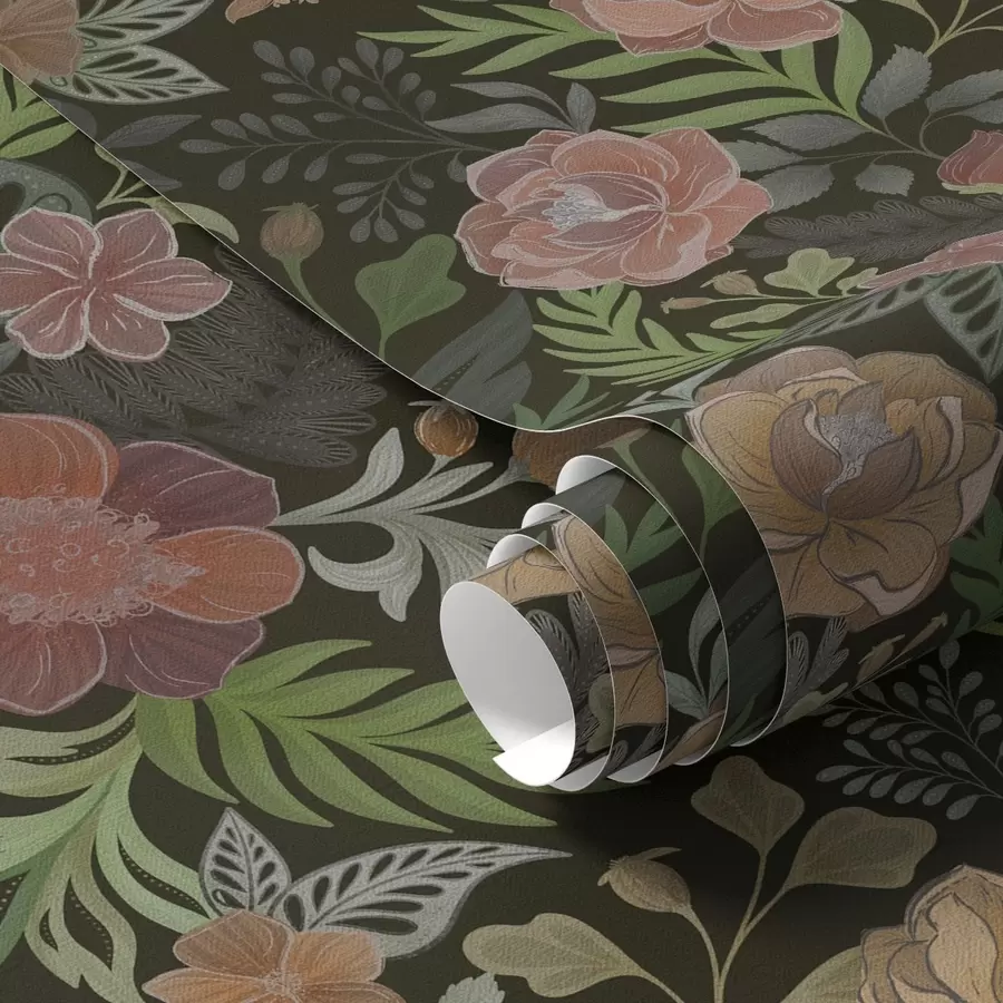 Valokuvatapetti Rikkaat kukat ja vehreys syvällä tummalla taustalla a00932