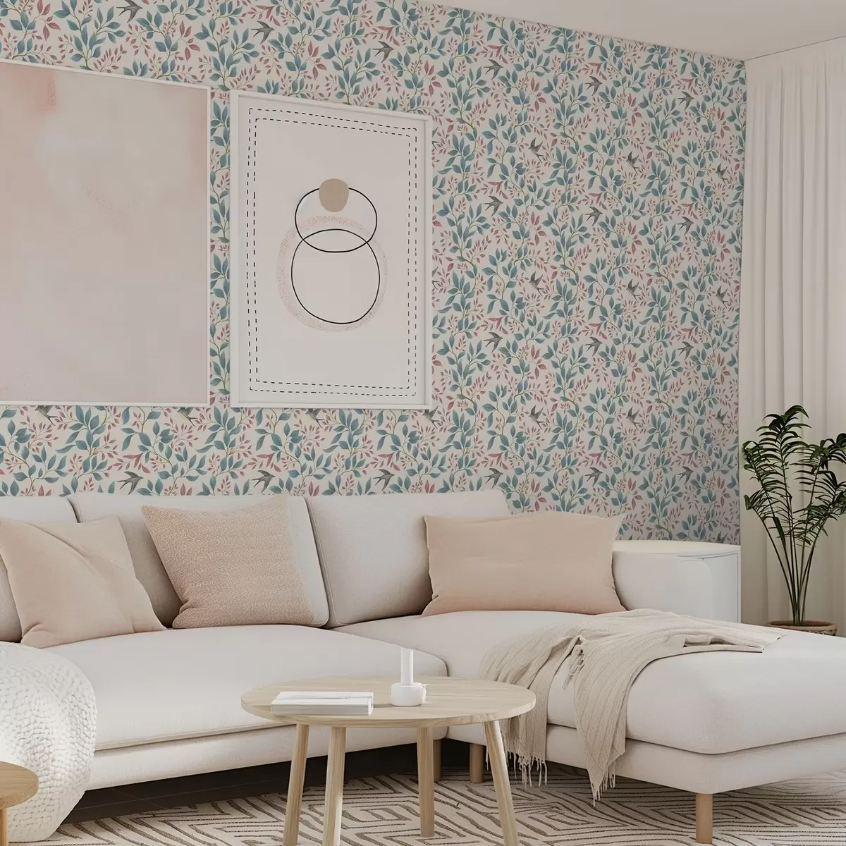 Taustakuva Siniset ja vaaleanpunaiset oksat, joilla on lintuja, kermanvärisellä taustalla a00933