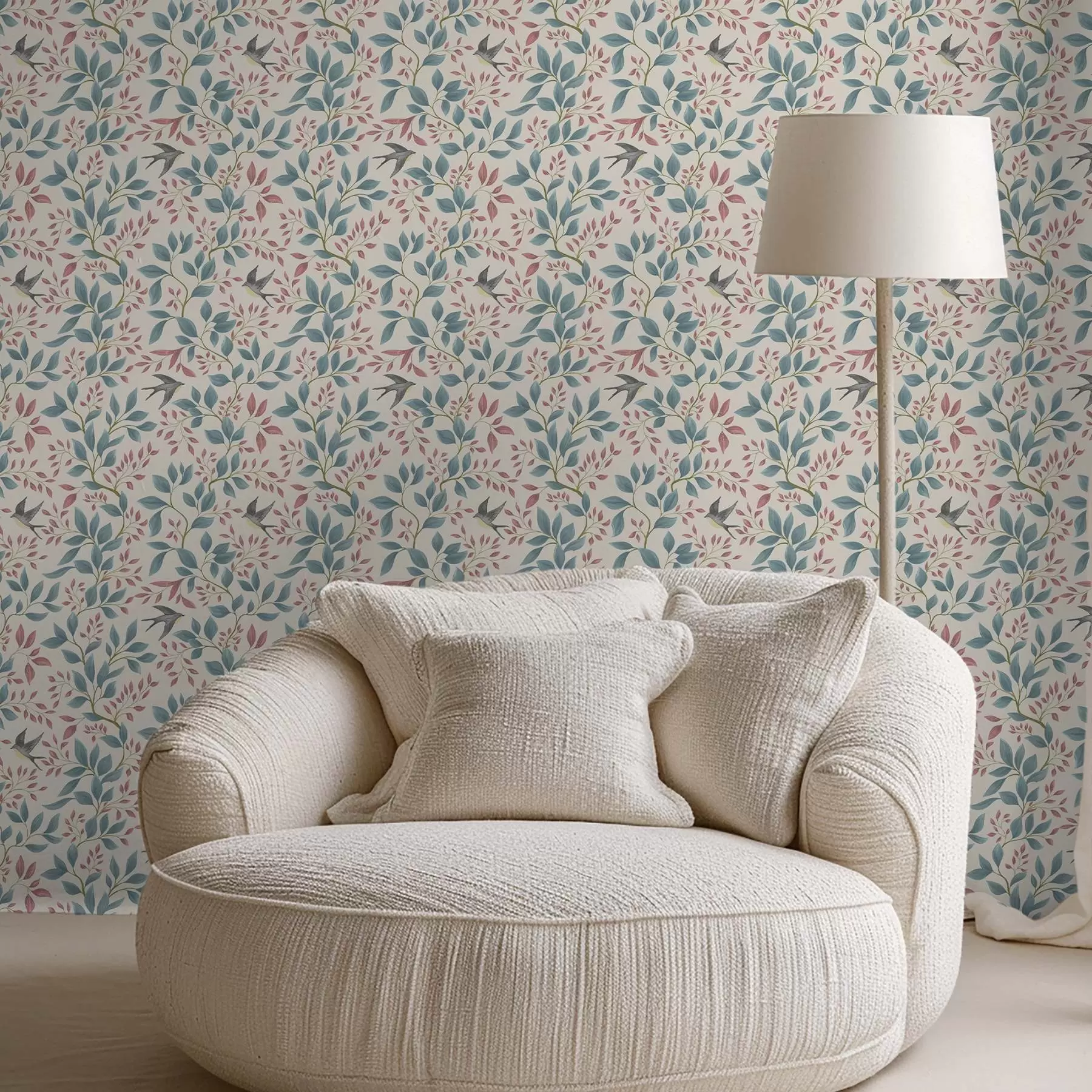 Valokuvatapetti Siniset ja vaaleanpunaiset oksat, joilla on lintuja, kermanvärisellä taustalla a00933