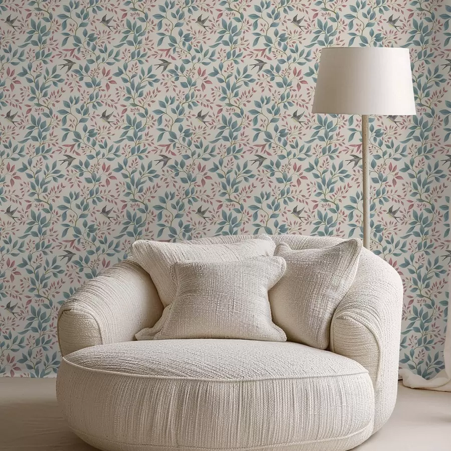 Valokuvatapetti Siniset ja vaaleanpunaiset oksat, joilla on lintuja, kermanvärisellä taustalla a00933