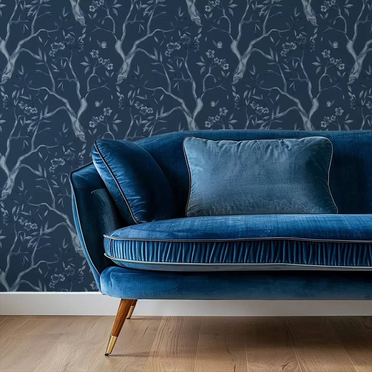 Taustakuva Sinikukiset oksat ja perhoset tummalla taustalla a00951v1