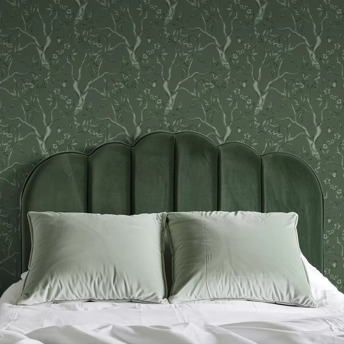 Taustakuva Vihreät kukkivat oksat ja perhoset tummalla taustalla a00951v3