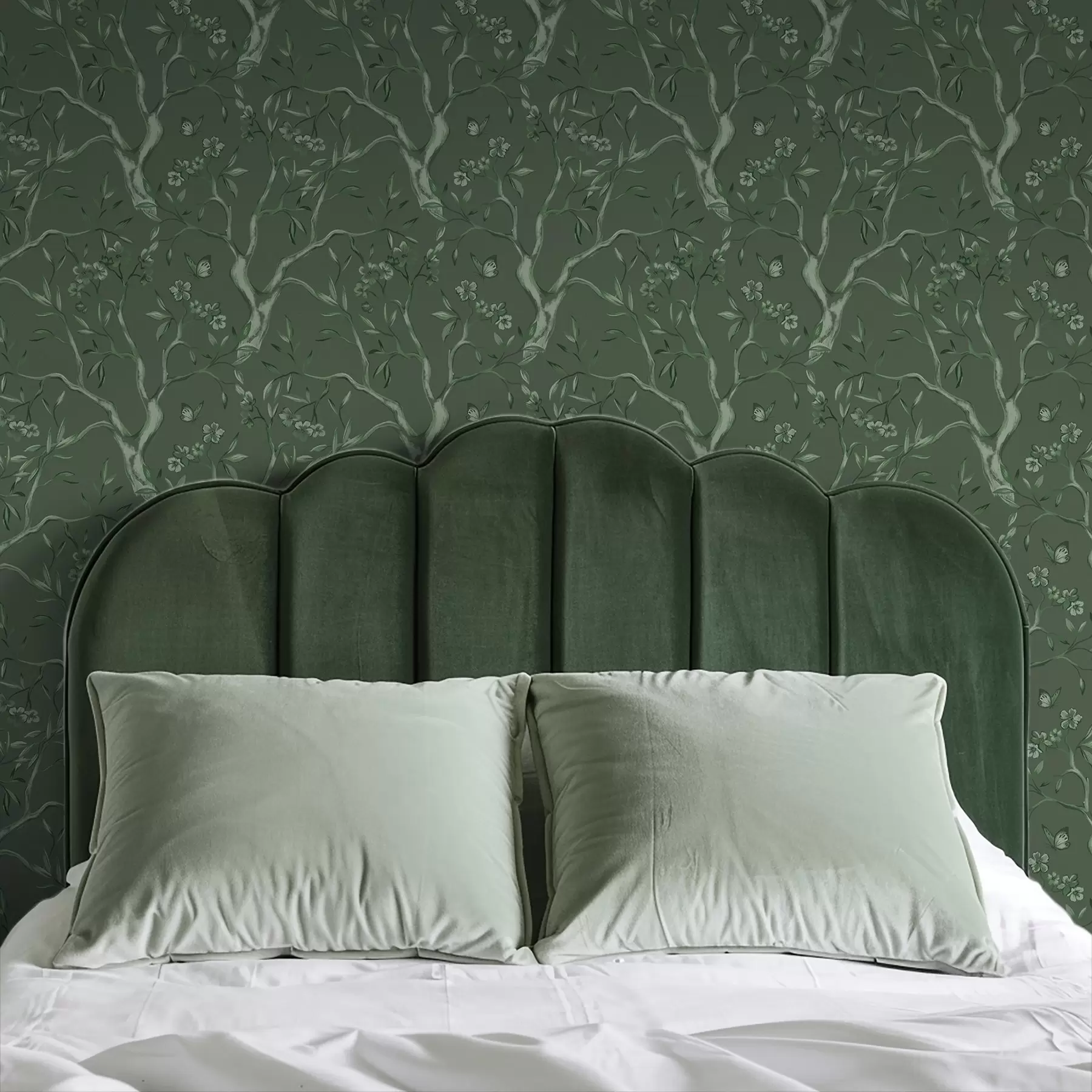 Valokuvatapetti Vihreät kukkivat oksat ja perhoset tummalla taustalla a00951v3