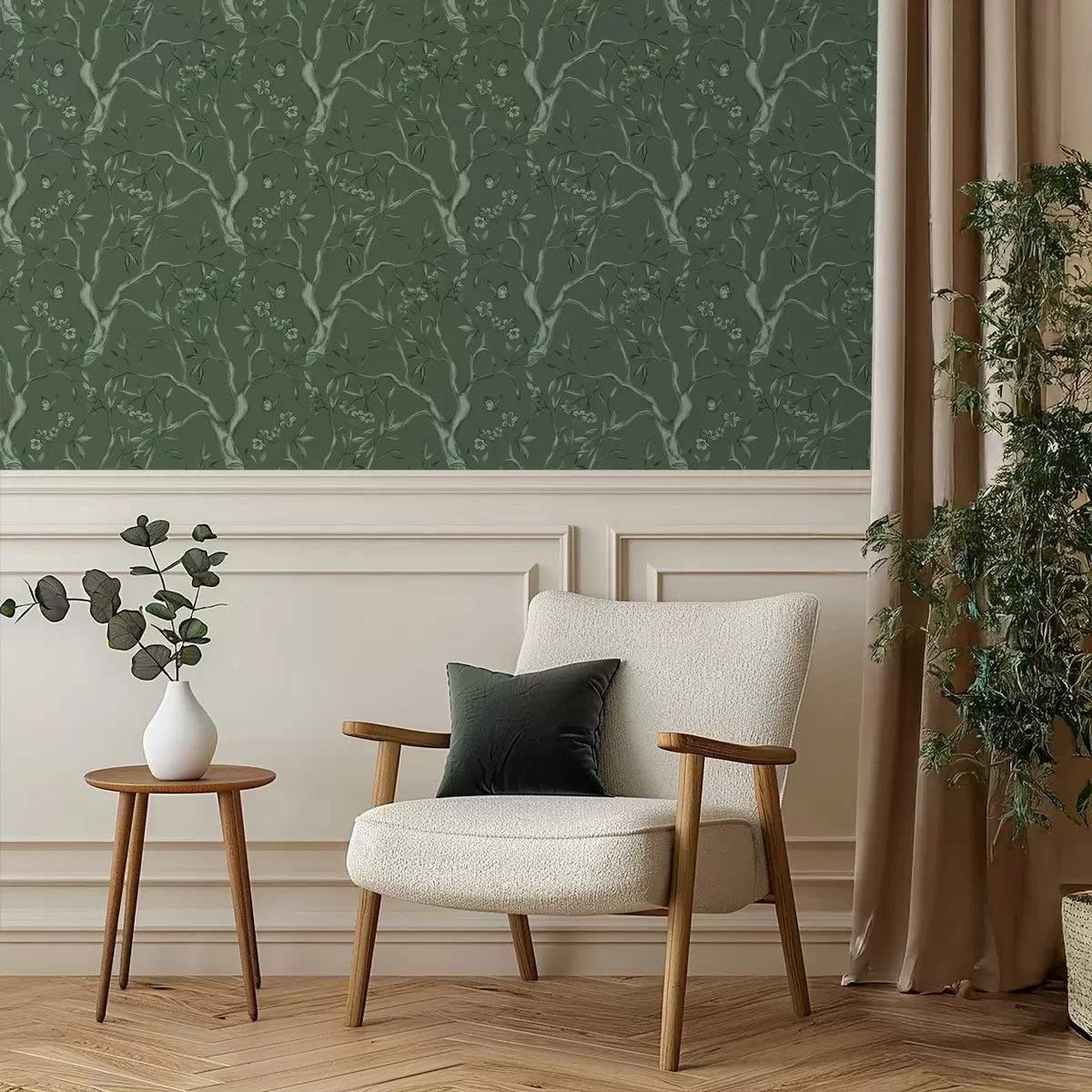 Taustakuva Vihreät kukkivat oksat ja perhoset tummalla taustalla a00951v3