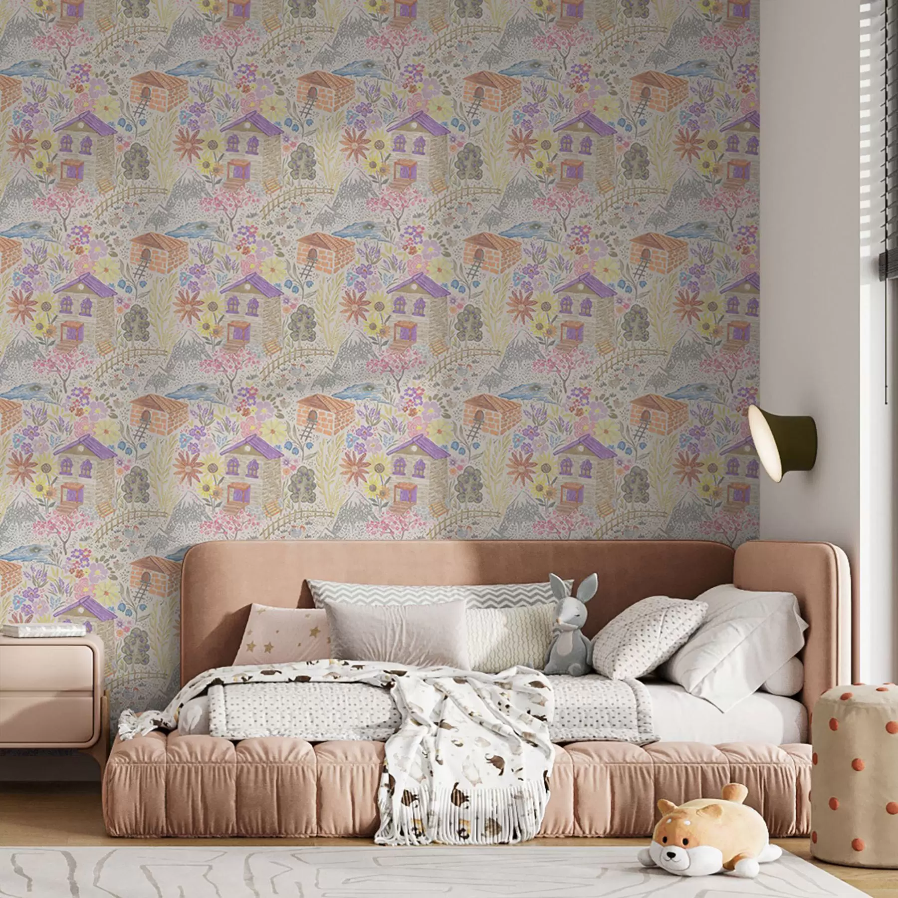 Valokuvatapetti Lapsellinen kyläpiirros, jossa on talo, vuoret ja kukat a00952