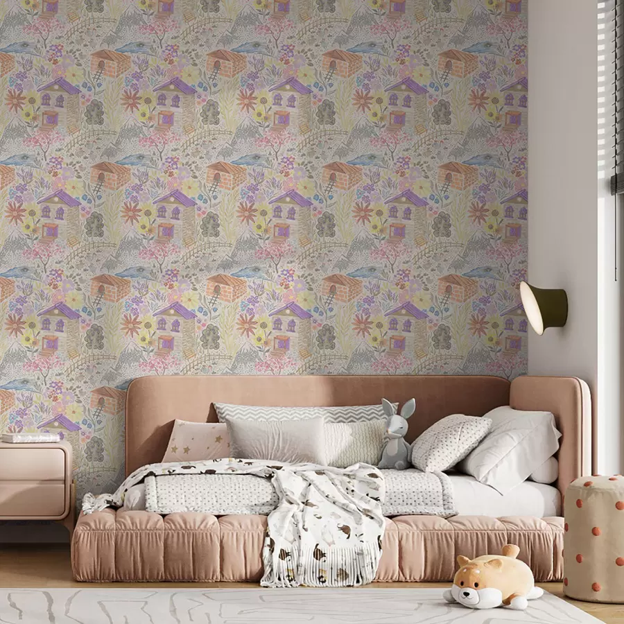 Valokuvatapetti Lapsellinen kyläpiirros, jossa on talo, vuoret ja kukat a00952