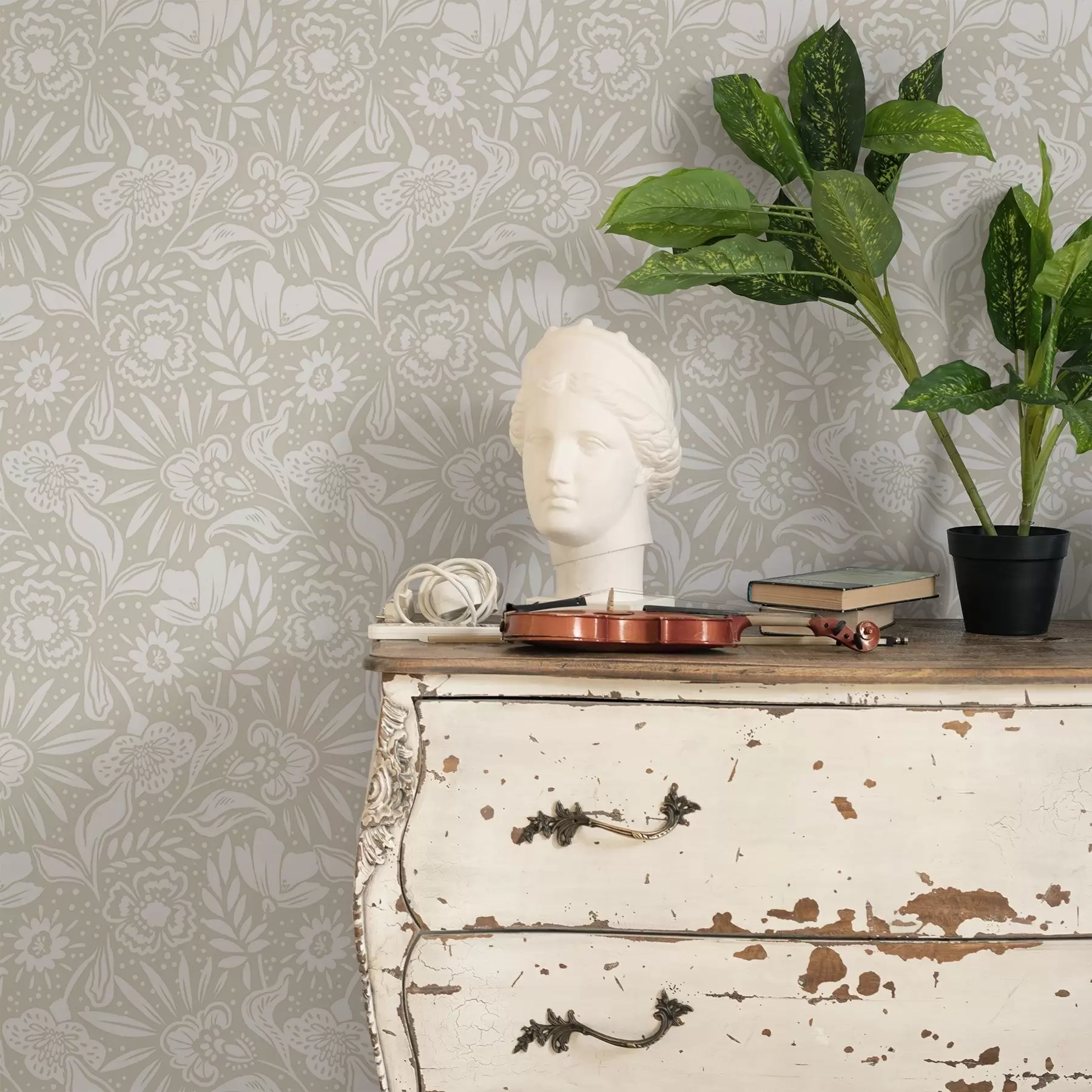 Valokuvatapetti Valkoinen lineaarinen kukkakoriste beige-taustalla a00956