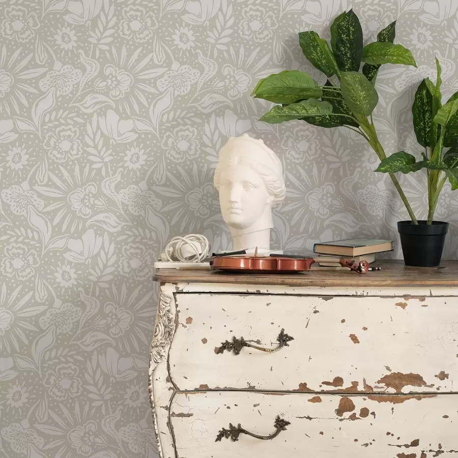 Valokuvatapetti Valkoinen lineaarinen kukkakoriste beige-taustalla a00956