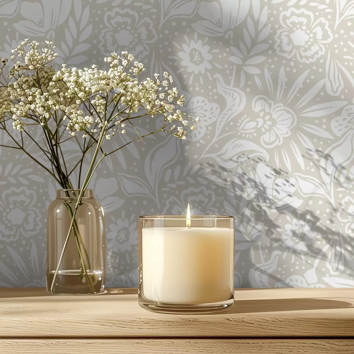 Taustakuva Valkoinen lineaarinen kukkakoriste beige-taustalla a00956