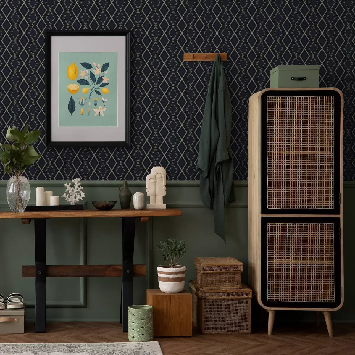 Taustakuva Tummansininen timanttiruudukko ohuilla vaaleilla viivoilla a00975