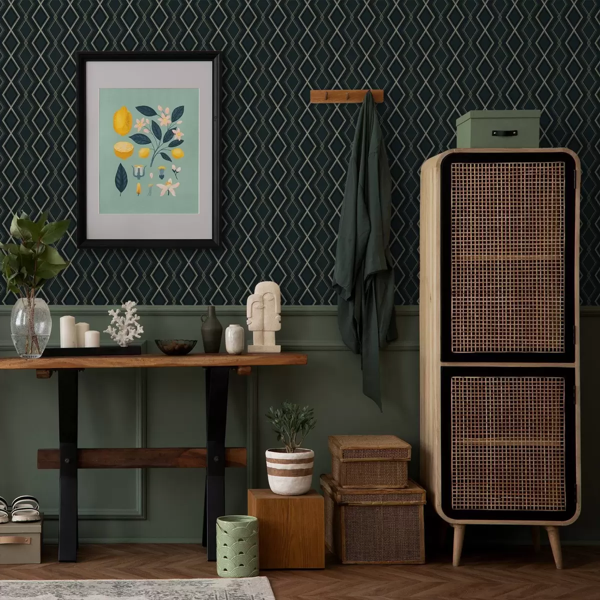 Taustakuva Tummanvihreä tausta, jossa toistuva timanttikuvio a00975v1