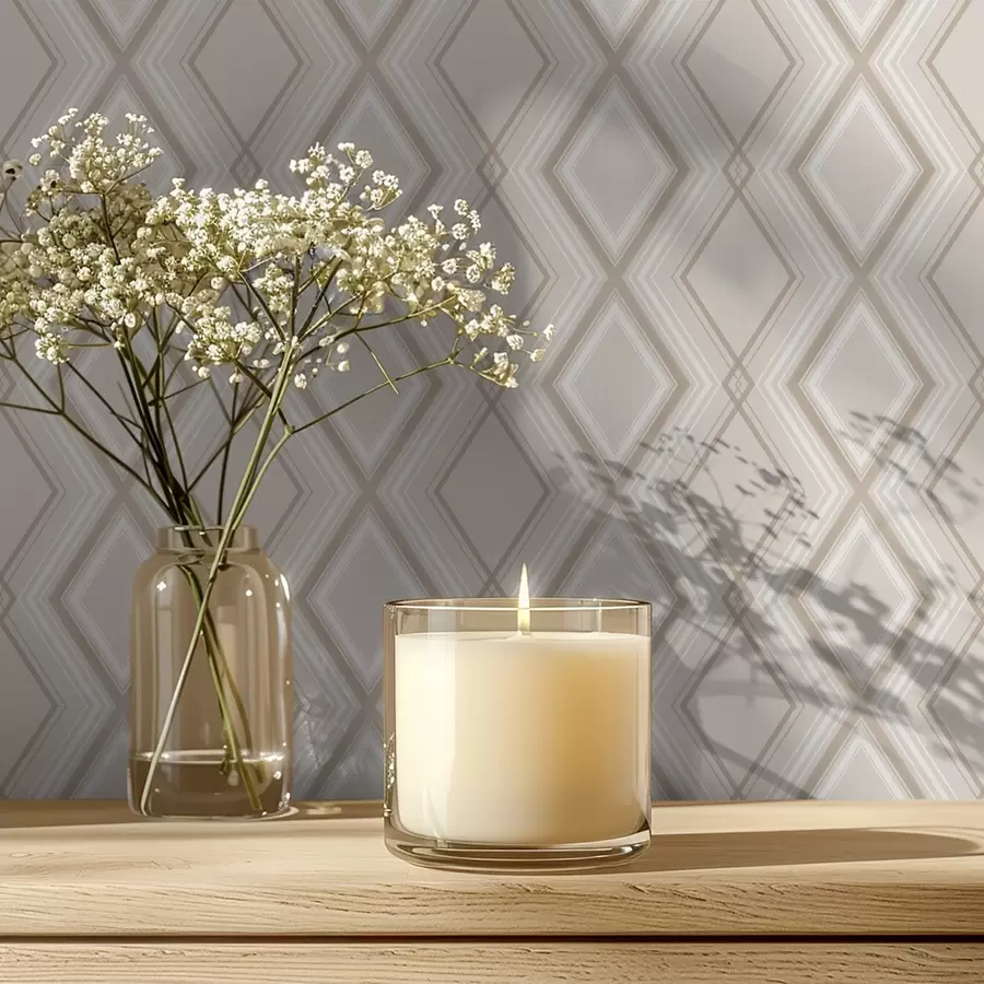 Valokuvatapetti Vaaleanbeige tausta, jossa on monikerroksinen timanttikuviollinen ruudukko a00975v2