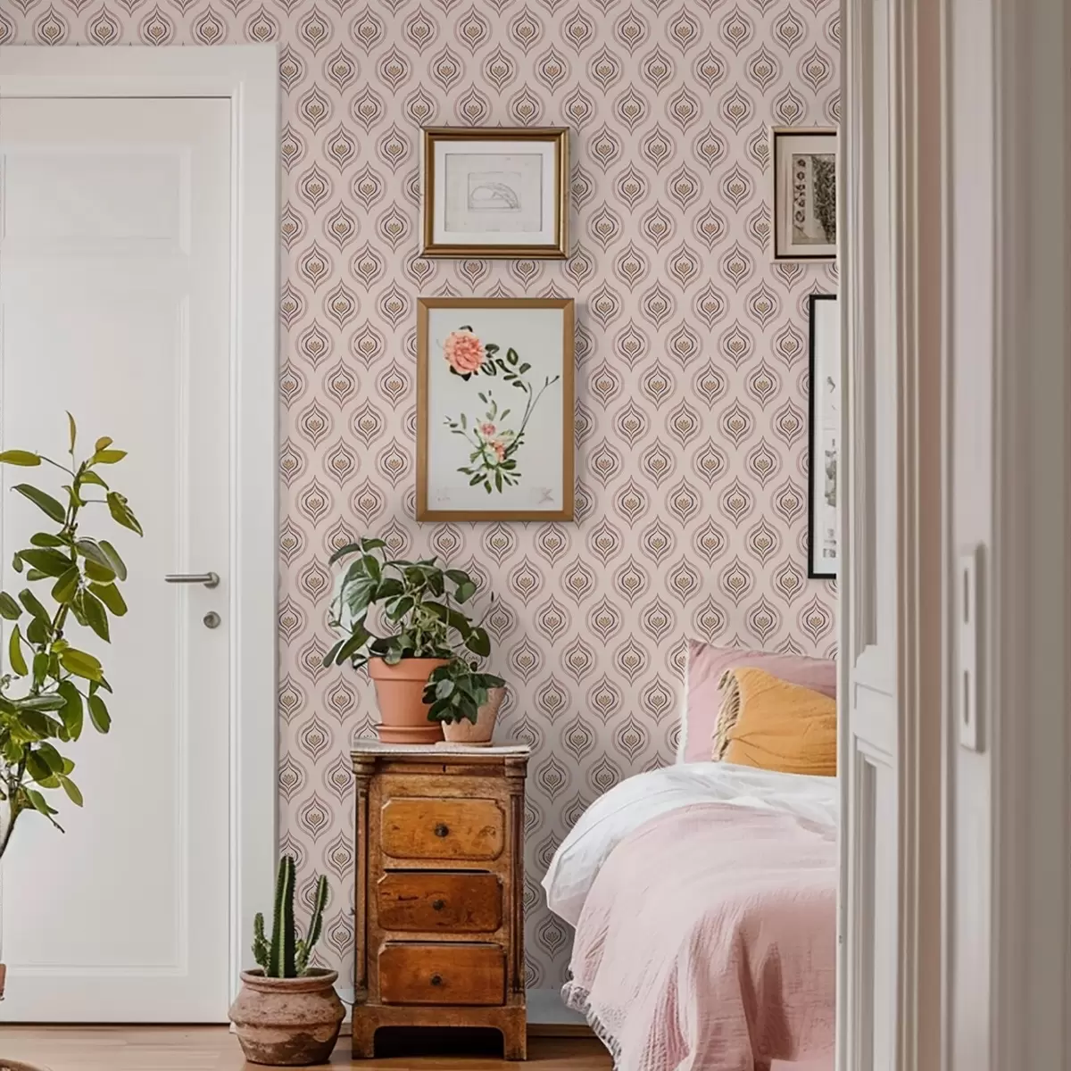 Taustakuva Rytminen pisaramotiivi, jossa on kukka jauhemaisella taustalla a00977